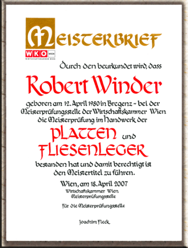 Meisterbrief handgeschrieben auf Urkundenkarton.