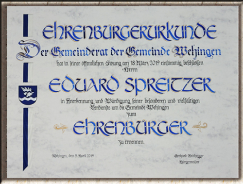 Ehrenbürgerurkunde von Hand geschrieben; Grösse: 40 x 50 cm mit Band im Querformat