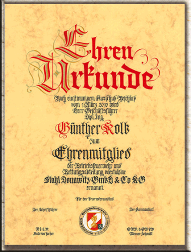 Urkunde handgeschrieben mit Logo oder Wappen.