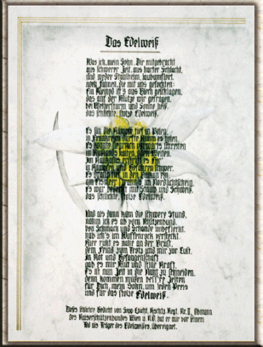 Gedicht auf Urkundenkarton mit Aquarell als Hintergrund.