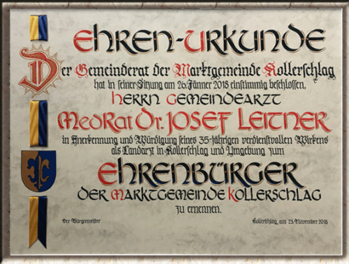 Ehrenbürgerurkunde von Hand geschrieben; Grösse: 40 x 50 cm mit Band im Querformat