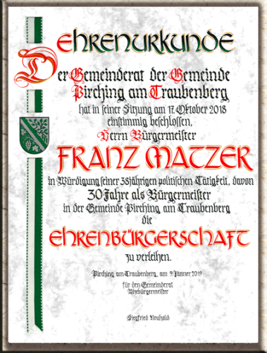 Ehrenbürgerurkunde von Hand geschrieben; Grösse: 30 x 40 cm mit seitlichem Band