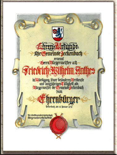 Ehrenbürgerurkunde handgeschrieben auf Ornamentvordruck; Grösse: 30 x 40 cm