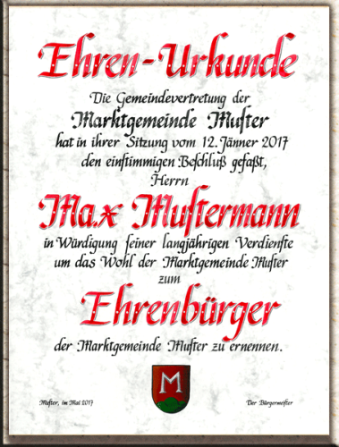 Ehrenurkunde von Hand geschrieben für Ehrenbürger, Ehrenring, usw.