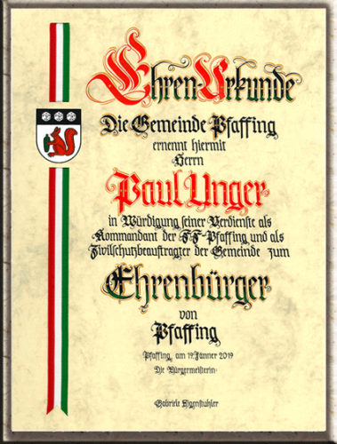 Ehrenbürgerurkunde von Hand geschrieben; Grösse: 30 x 40 cm mit seitlichem Band