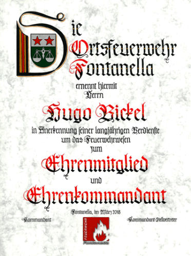 Ehrenurkunde, handgeschrieben mit 2 Wappen oder Logo im Initial.