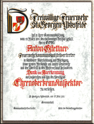 Ehrenurkunde, handgeschrieben mit 2 Wappen oder Logo im Initial.