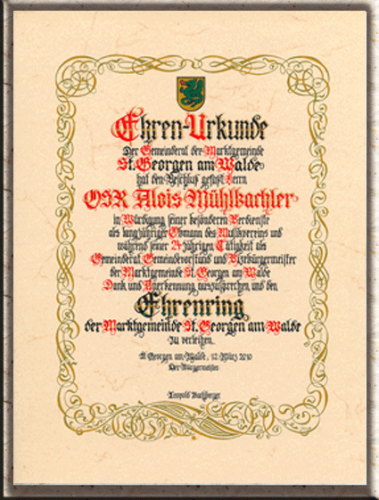 Ehrenurkunde von Hand geschrieben für Ehrenring, usw.