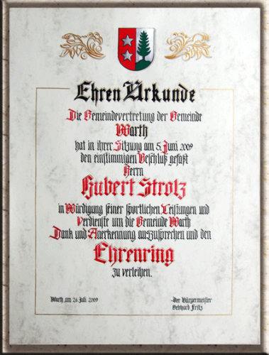 Ehrenurkunde von Hand geschrieben für Ehrenring, usw.