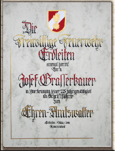 Feuerwehrurkunde handgeschrieben mit Logo.