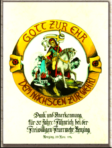 Urkunde für Ehrung von Kommandant, Fähnrich, usw.; komplett von Hand geschrieben.