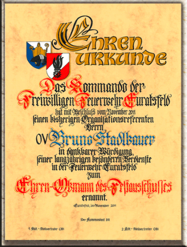 Ehrenurkunde handgeschrieben mit 2 Wappen oder Logos.