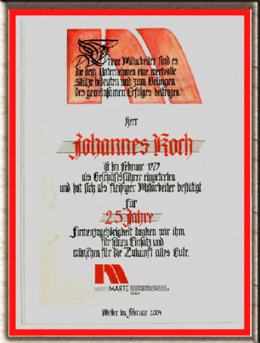 Urkunde handgeschrieben für langjährige Mitarbeiterehrung.