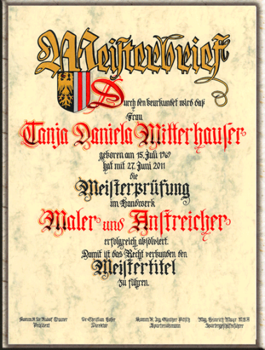 Meisterbrief handgeschrieben auf Urkundenkarton.