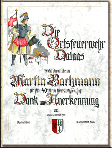 Ehrenurkunde handgeschrieben mit 2 Wappen oder Logos.