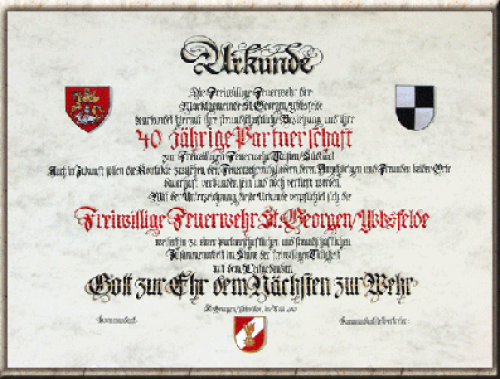 Partnerschaftsurkunde für Feuerwehren; komplett von Hand geschrieben