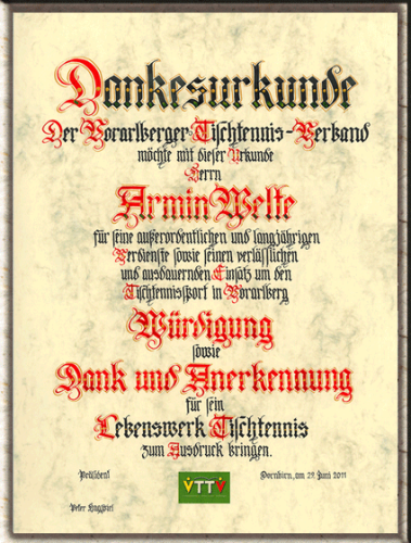 Urkunde handgefertigt für verdienstvolle, langjährige Mitgliedschaft.