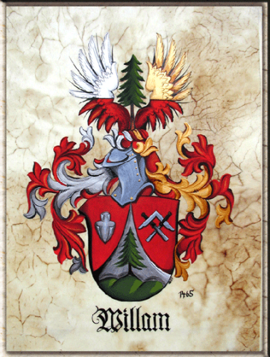 Familienwappen auf echtem Kalbspergament.