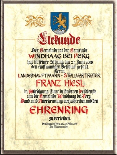 Ehrenurkunde von Hand geschrieben für Ehrenring, usw.