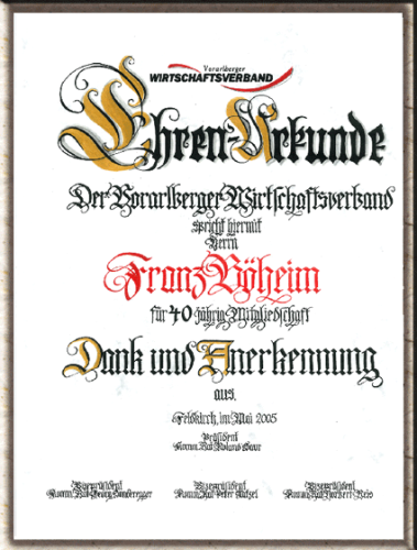 Urkunde handgefertigt für verdienstvolle, langjährige Mitgliedschaft.